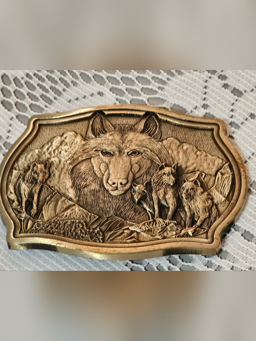 Vintage Solid Brass Belt Buckle Featuring Wolf Pack